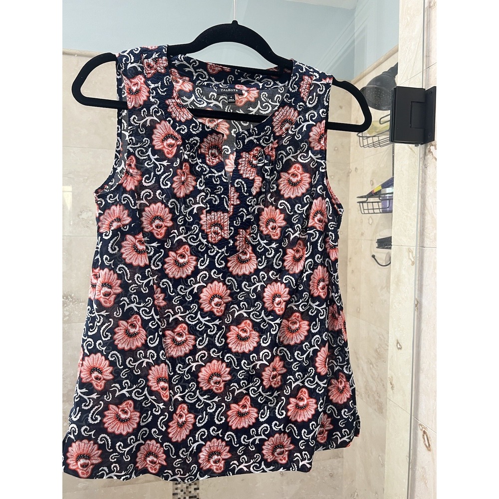 Talbots Womens 4 Cotton Sleeveless Top Orange Navy White Floral Paisley Blouse